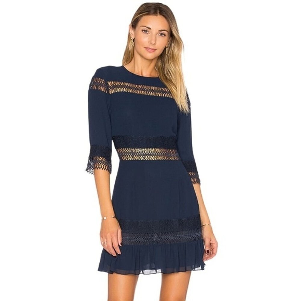 TULAROSA Women mini dress sz Xsmall navy blue lace insert trim flounce hem